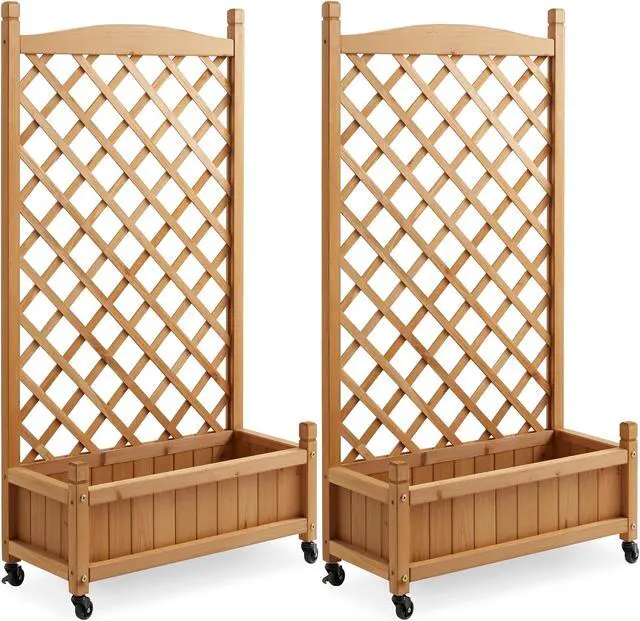 Main image of Casafield Set of Two 48" Raised Garden Bed with Trellis - Wooden Diamond Lattice for Climbing Plants and Planter Box with Drainage Holes and Wheels