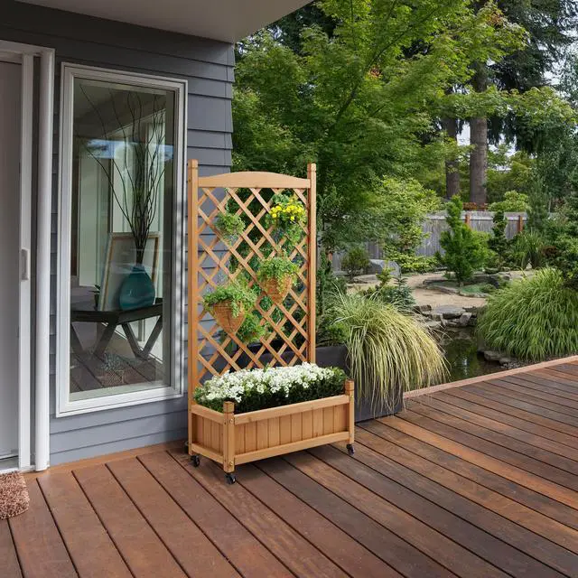 Alt view image 2 of 6 - Casafield Set of Two 48" Raised Garden Bed with Trellis - Wooden Diamond Lattice for Climbing Plants and Planter Box with Drainage Holes and Wheels