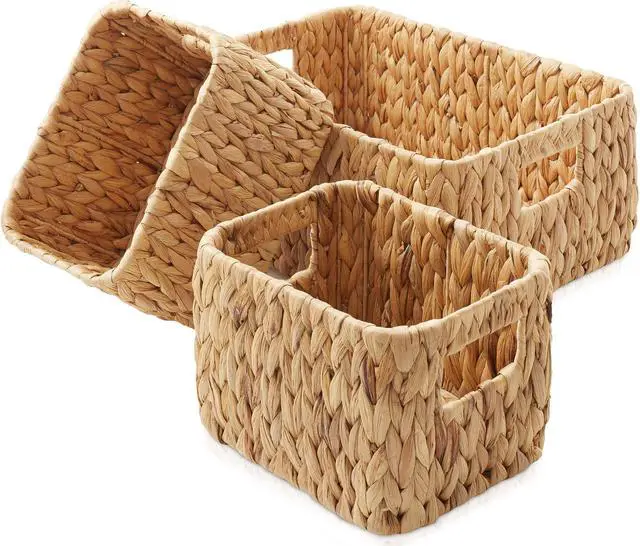 Alt view image 3 of 6 - Casafield Set of 3 Water Hyacinth Storage Baskets for Shelves - 1-Large, 2-Small Woven Organizers with Handles for Bathroom, Laundry, Pantry, Office
