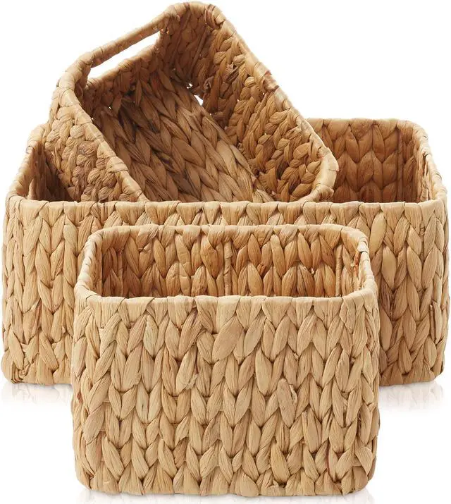 Alt view image 4 of 6 - Casafield Set of 3 Water Hyacinth Storage Baskets for Shelves - 1-Large, 2-Small Woven Organizers with Handles for Bathroom, Laundry, Pantry, Office
