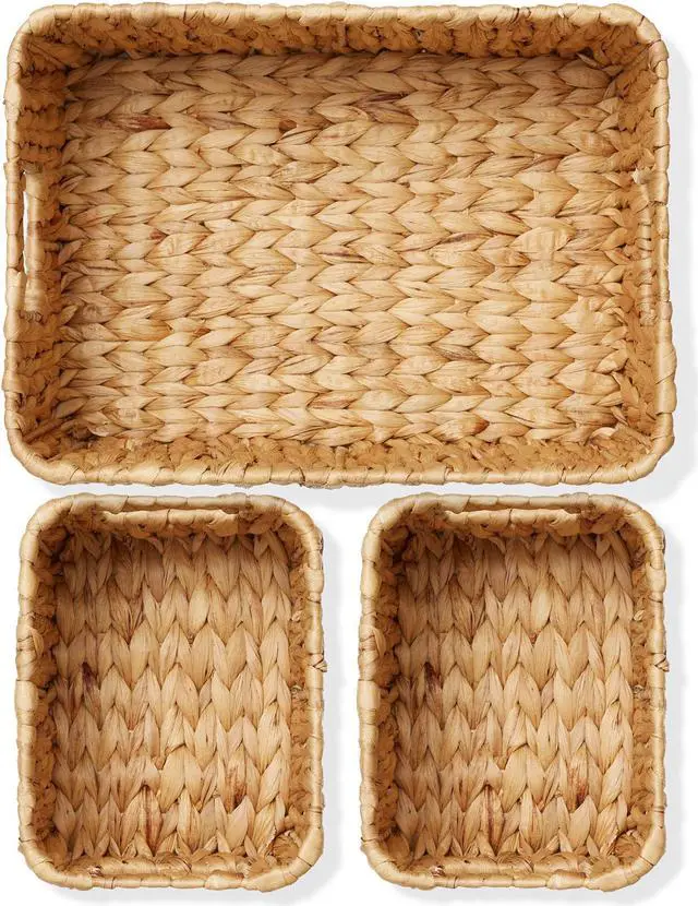 Alt view image 5 of 6 - Casafield Set of 3 Water Hyacinth Storage Baskets for Shelves - 1-Large, 2-Small Woven Organizers with Handles for Bathroom, Laundry, Pantry, Office
