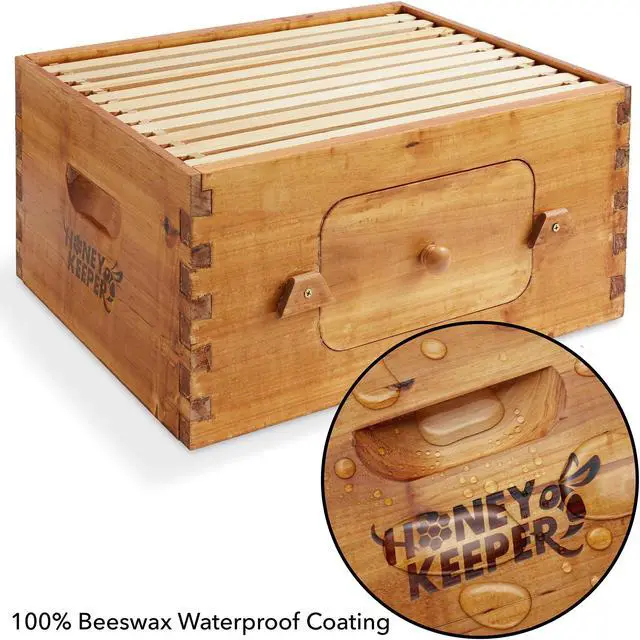 Alt view image 3 of 6 - Honey Keeper Deep Brood Box with Window, 100% Beeswax Coated Beehive Kit with 10 Wooden Frames and Waxed Foundations for Langstroth Beekeeping