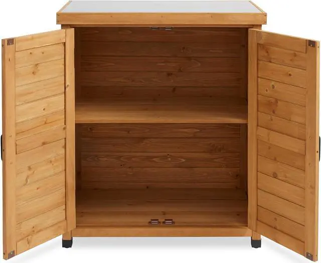 Alt view image 3 of 6 - Casafield Outdoor Garden Potting Bench with Metal Tabletop and Storage Cabinet - Wooden Outdoor Garden Patio Workstation Table, Natural