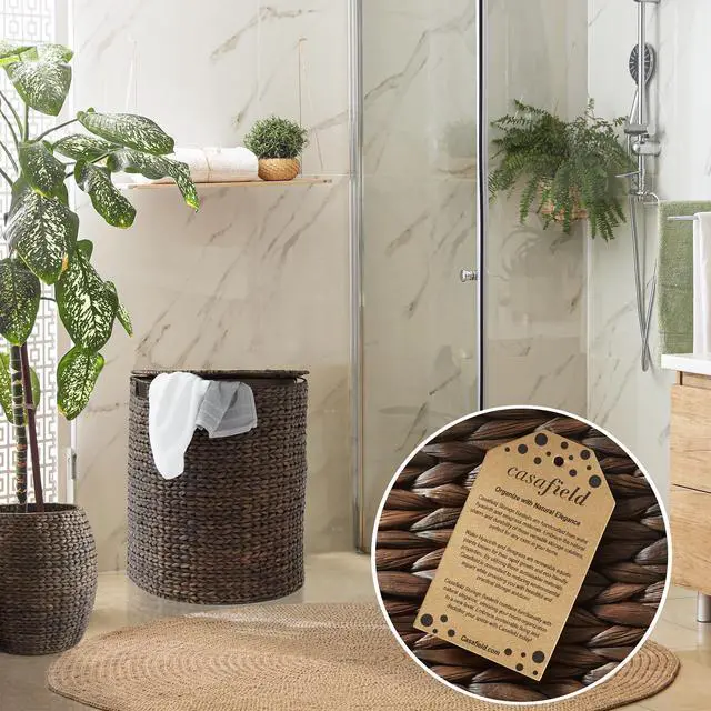 Alt view image 2 of 6 - Casafield Half Moon Laundry Hamper with Lid and Removable Liner Bag - Espresso, Woven Water Hyacinth Laundry Basket for Clothes and Towels