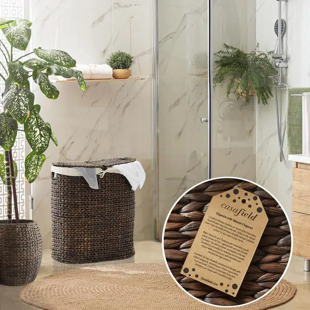 Alt view image 2 of 6 - Casafield Oval Laundry Hamper with Lids and Removable Liner Bags - Espresso, Woven Water Hyacinth 2-Section Laundry Basket Sorter for Clothes and Towels