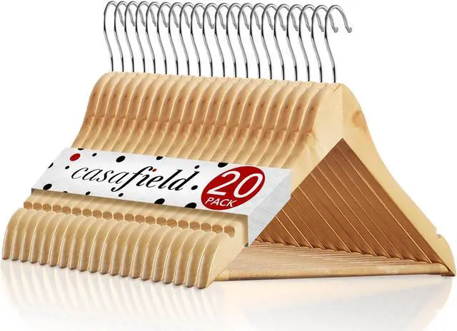 Main image of Casafield - 20 Natural Wooden Suit Hangers - Premium Lotus Wood with Notches & Chrome Swivel Hook for Dress Clothes, Coats, Jackets, Pants, Shirts, Skirts
