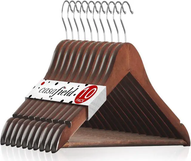 Main image of Casafield - 10 Walnut Wooden Suit Hangers - Premium Lotus Wood with Notches & Chrome Swivel Hook for Dress Clothes, Coats, Jackets, Pants, Shirts, Skirts