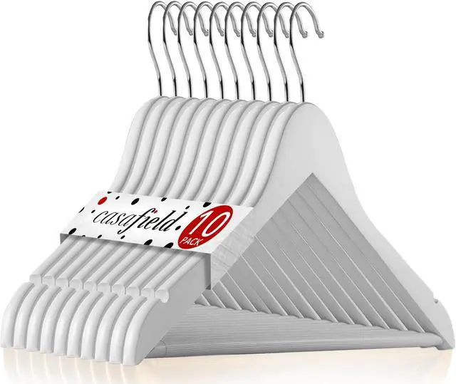 Main image of Casafield - 10 White Wooden Suit Hangers - Premium Lotus Wood with Notches & Chrome Swivel Hook for Dress Clothes, Coats, Jackets, Pants, Shirts, Skirts
