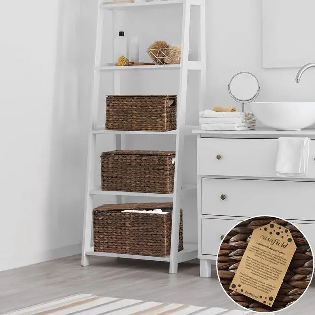 Alt view image 2 of 6 - Casafield Set of 3 Water Hyacinth Storage Baskets with Lids, Espresso - Small, Medium, Large Woven Nesting Bins for Bathroom, Bedroom, Closets, Shelves