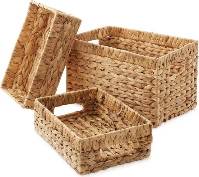 Alt view image 2 of 6 - Casafield Set of 3 Water Hyacinth Storage Baskets with Handles - 1-Medium, 2-Small Woven Organizers for Bathroom, Laundry, Pantry, Office, Shelves