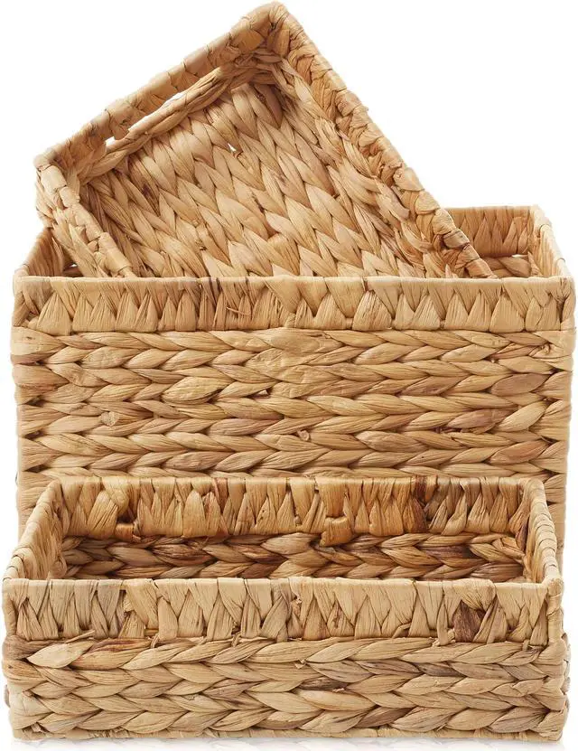 Alt view image 3 of 6 - Casafield Set of 3 Water Hyacinth Storage Baskets with Handles - 1-Medium, 2-Small Woven Organizers for Bathroom, Laundry, Pantry, Office, Shelves