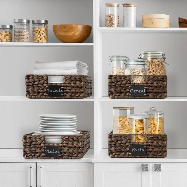 Alt view image 2 of 6 - Casafield Set of 4 Water Hyacinth Pantry Baskets, 12-1/2" x 17" x 5", with Chalkboard Labels and Chalk Marker - Espresso, Woven Storage Bin Organizers for Kitchen Shelves
