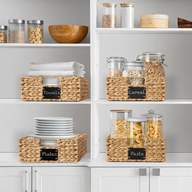 Alt view image 2 of 6 - Casafield Set of 4 Water Hyacinth Pantry Baskets, 12-1/2" x 17" x 5", with Chalkboard Labels and Chalk Marker - Natural, Woven Storage Bin Organizers for Kitchen Shelves