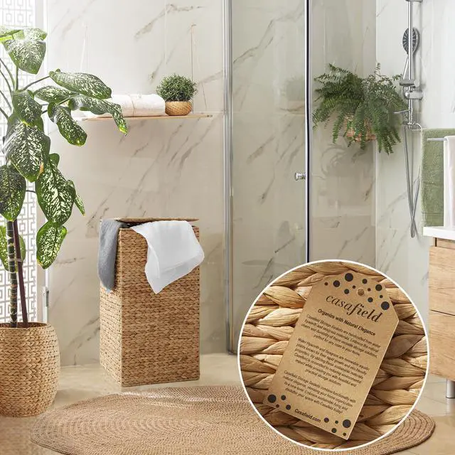 Alt view image 2 of 6 - Casafield Laundry Hamper with Lid and Removable Liner Bag - Natural, Woven Water Hyacinth Square Laundry Basket Sorter for Clothes and Towels