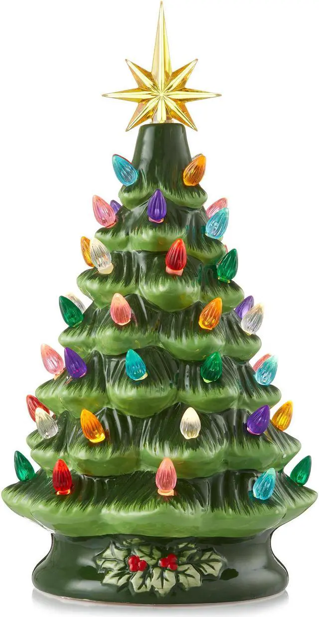 Main image of Casafield Hand Painted Ceramic Christmas Tree, Green 12-Inch Pre-Lit Tree with 100 Multi Color Lights and 2 Star Toppers