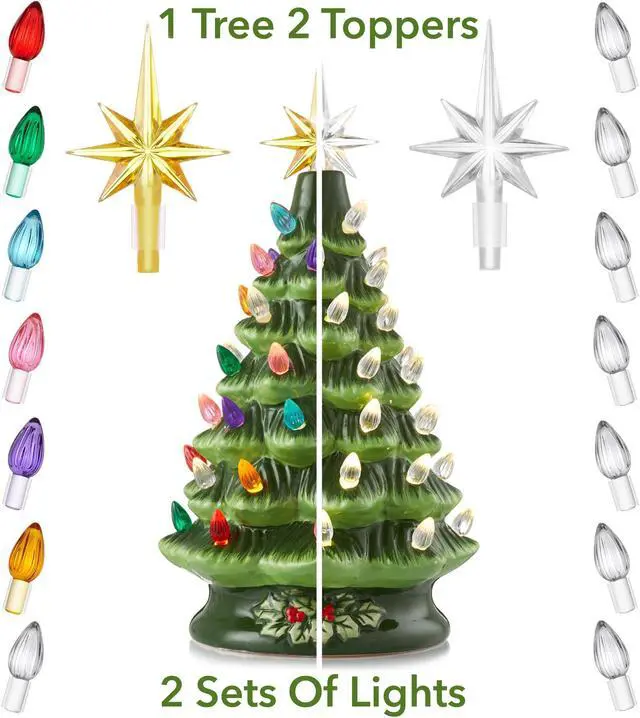 Alt view image 2 of 6 - Casafield Hand Painted Ceramic Christmas Tree, Green 12-Inch Pre-Lit Tree with 100 Multi Color Lights and 2 Star Toppers