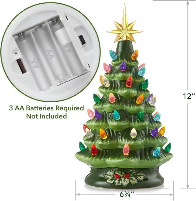 Alt view image 4 of 6 - Casafield Hand Painted Ceramic Christmas Tree, Green 12-Inch Pre-Lit Tree with 100 Multi Color Lights and 2 Star Toppers