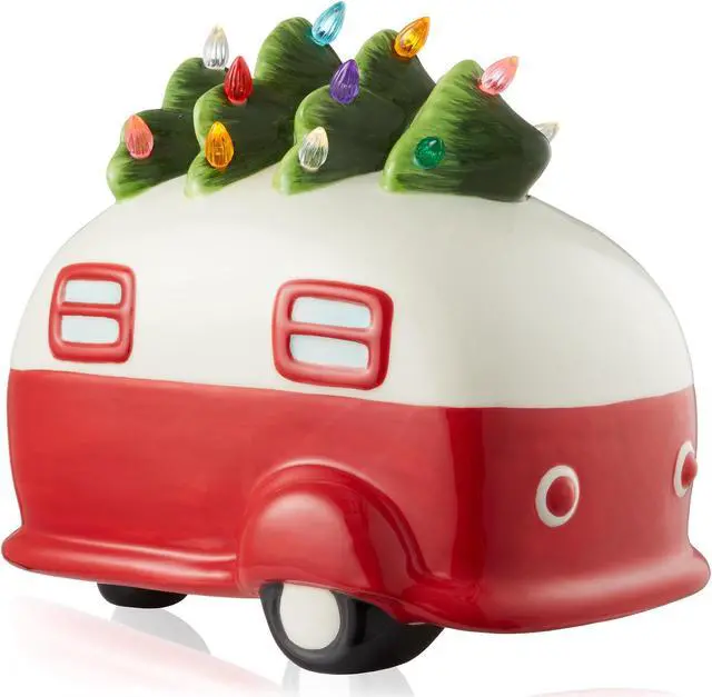Alt view image 2 of 6 - Casafield Hand Painted Ceramic Christmas Camper with Tree, Red and White Pre-Lit RV Trailer with Green Tree and 16 Multi Color Lights