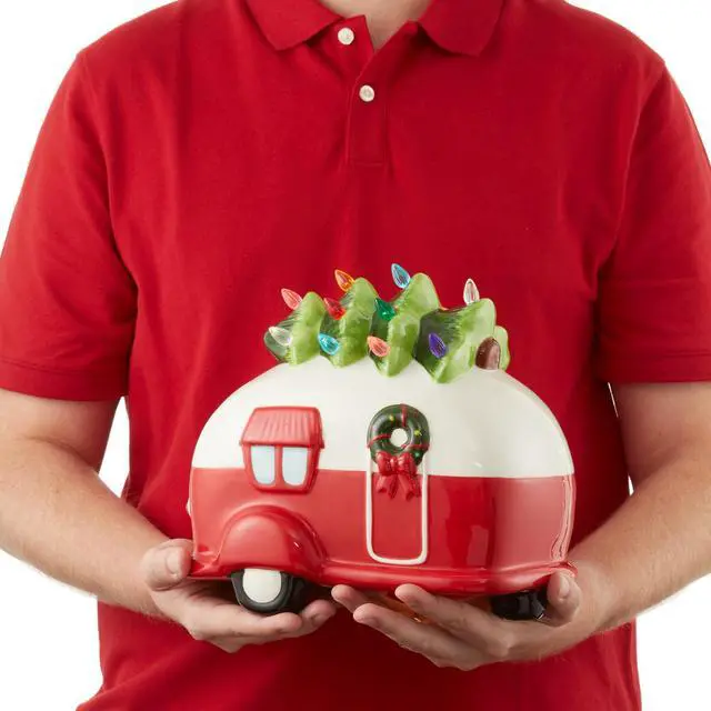 Alt view image 4 of 6 - Casafield Hand Painted Ceramic Christmas Camper with Tree, Red and White Pre-Lit RV Trailer with Green Tree and 16 Multi Color Lights