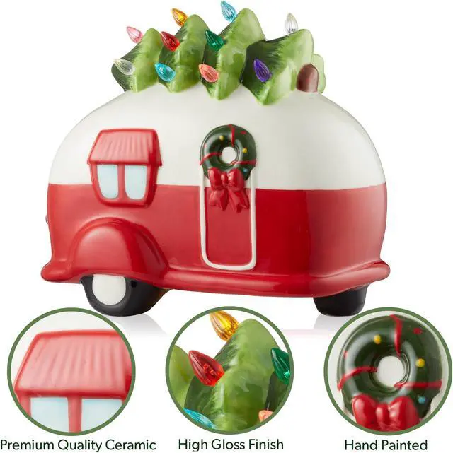 Alt view image 3 of 6 - Casafield Hand Painted Ceramic Christmas Camper with Tree, Red and White Pre-Lit RV Trailer with Green Tree and 16 Multi Color Lights
