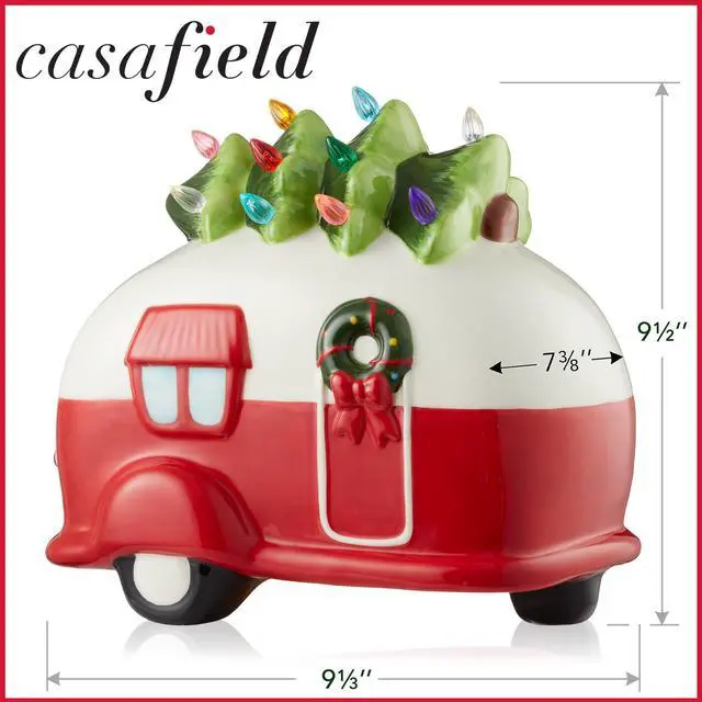 Alt view image 6 of 6 - Casafield Hand Painted Ceramic Christmas Camper with Tree, Red and White Pre-Lit RV Trailer with Green Tree and 16 Multi Color Lights