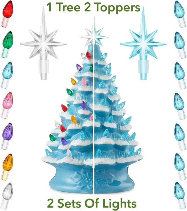 Alt view image 2 of 6 - Casafield Hand Painted Ceramic Christmas Tree, Blue Snow Flocked  15-Inch Pre-Lit Tree with 128 Multi Color Lights and 2 Star Toppers