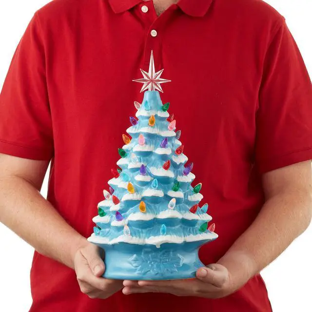 Alt view image 3 of 6 - Casafield Hand Painted Ceramic Christmas Tree, Blue Snow Flocked  15-Inch Pre-Lit Tree with 128 Multi Color Lights and 2 Star Toppers