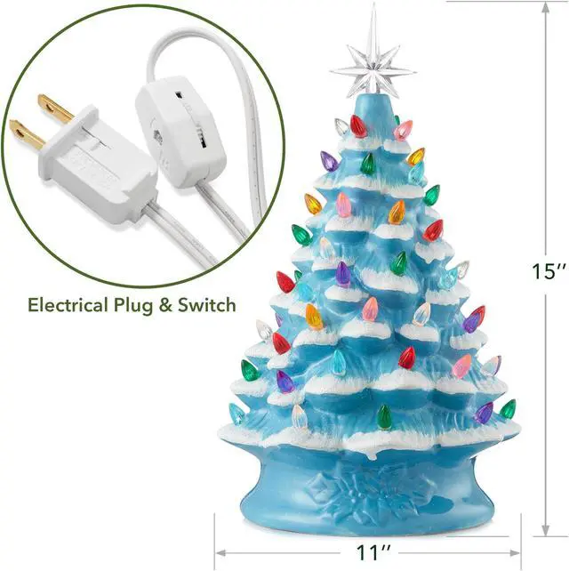 Alt view image 4 of 6 - Casafield Hand Painted Ceramic Christmas Tree, Blue Snow Flocked  15-Inch Pre-Lit Tree with 128 Multi Color Lights and 2 Star Toppers