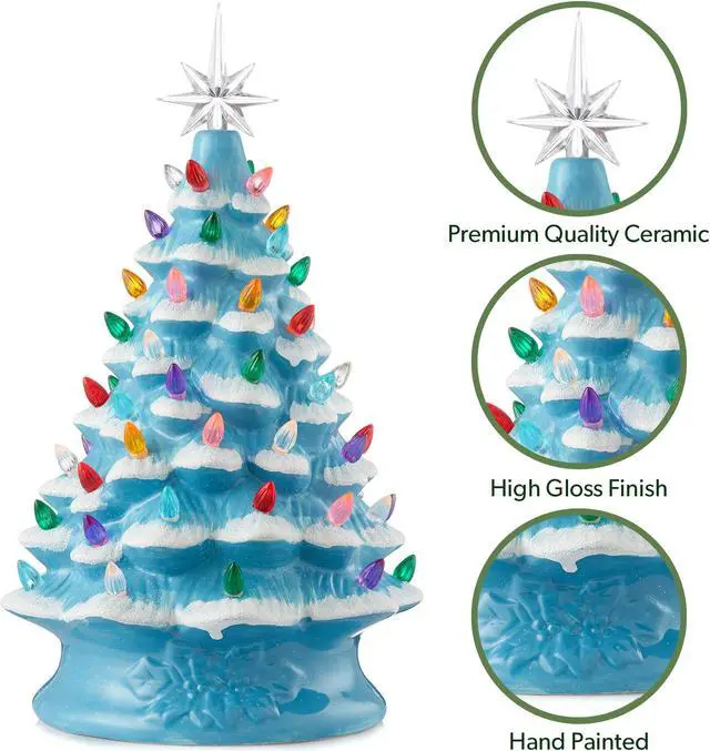 Alt view image 5 of 6 - Casafield Hand Painted Ceramic Christmas Tree, Blue Snow Flocked  15-Inch Pre-Lit Tree with 128 Multi Color Lights and 2 Star Toppers