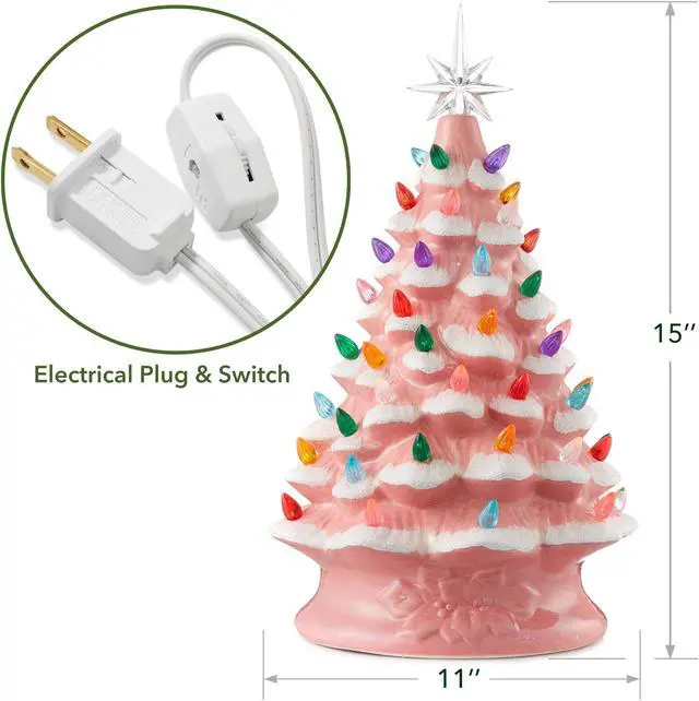 Alt view image 4 of 6 - Casafield Hand Painted Ceramic Christmas Tree, Pink Snow Flocked 15-Inch Pre-Lit Tree with 128 Multi Color Lights and 2 Star Toppers
