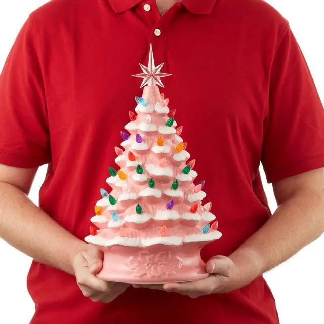 Alt view image 3 of 6 - Casafield Hand Painted Ceramic Christmas Tree, Pink Snow Flocked 15-Inch Pre-Lit Tree with 128 Multi Color Lights and 2 Star Toppers