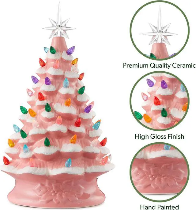 Alt view image 5 of 6 - Casafield Hand Painted Ceramic Christmas Tree, Pink Snow Flocked 15-Inch Pre-Lit Tree with 128 Multi Color Lights and 2 Star Toppers