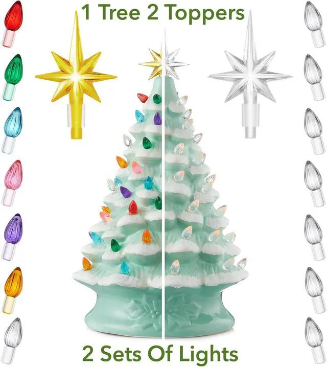Alt view image 2 of 6 - Casafield Hand Painted Ceramic Christmas Tree, Seafoam Green Snow Flocked 15-Inch Pre-Lit Tree with 128 Multi Color Lights and 2 Star Toppers