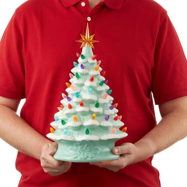 Alt view image 3 of 6 - Casafield Hand Painted Ceramic Christmas Tree, Seafoam Green Snow Flocked 15-Inch Pre-Lit Tree with 128 Multi Color Lights and 2 Star Toppers