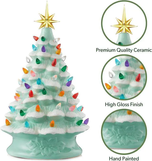 Alt view image 5 of 6 - Casafield Hand Painted Ceramic Christmas Tree, Seafoam Green Snow Flocked 15-Inch Pre-Lit Tree with 128 Multi Color Lights and 2 Star Toppers