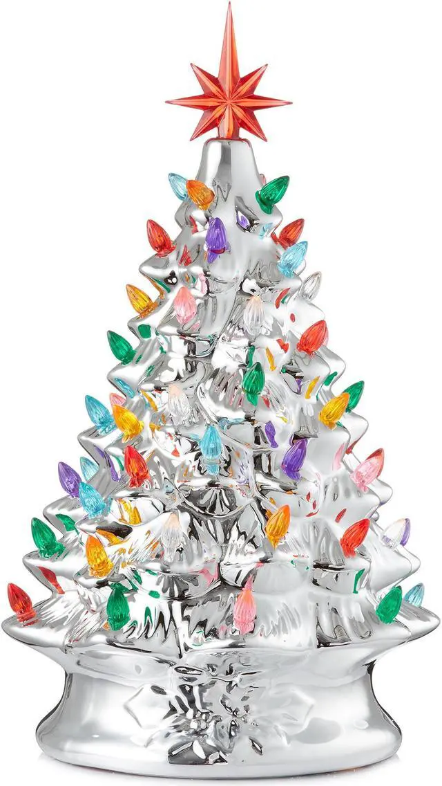 Main image of Casafield Hand Painted Ceramic Christmas Tree, Silver 15-Inch Pre-Lit Tree with 128 Multi Color Lights and 2 Star Toppers