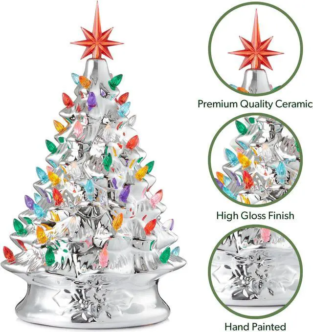 Alt view image 5 of 6 - Casafield Hand Painted Ceramic Christmas Tree, Silver 15-Inch Pre-Lit Tree with 128 Multi Color Lights and 2 Star Toppers