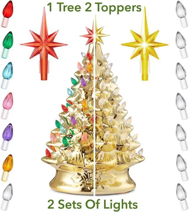 Alt view image 2 of 6 - Casafield Hand Painted Ceramic Christmas Tree, Gold 15-Inch Pre-Lit Tree with 128 Multi Color Lights and 2 Star Toppers