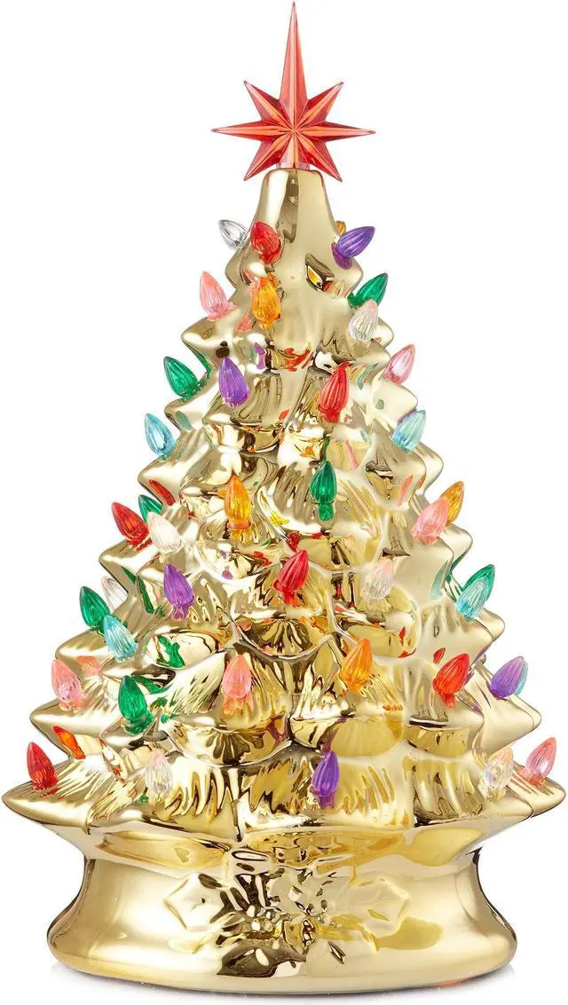 Main image of Casafield Hand Painted Ceramic Christmas Tree, Gold 15-Inch Pre-Lit Tree with 128 Multi Color Lights and 2 Star Toppers