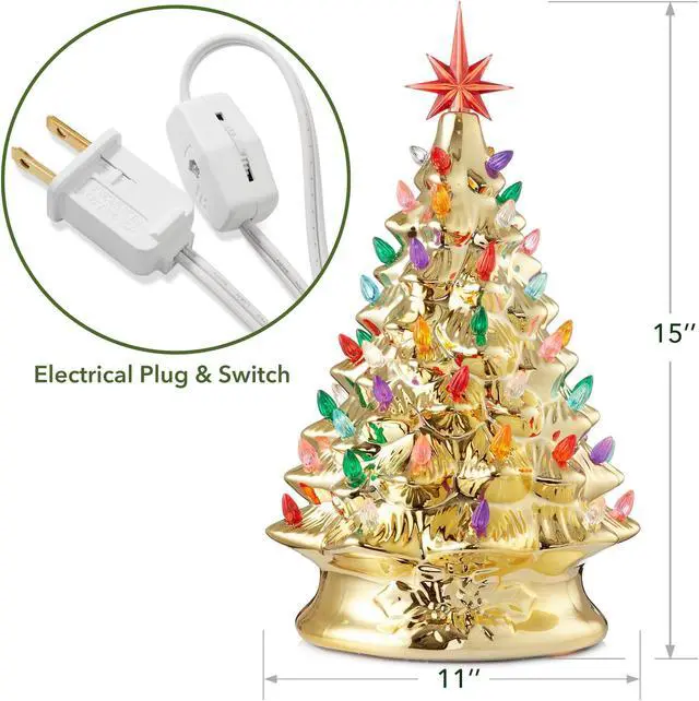 Alt view image 4 of 6 - Casafield Hand Painted Ceramic Christmas Tree, Gold 15-Inch Pre-Lit Tree with 128 Multi Color Lights and 2 Star Toppers