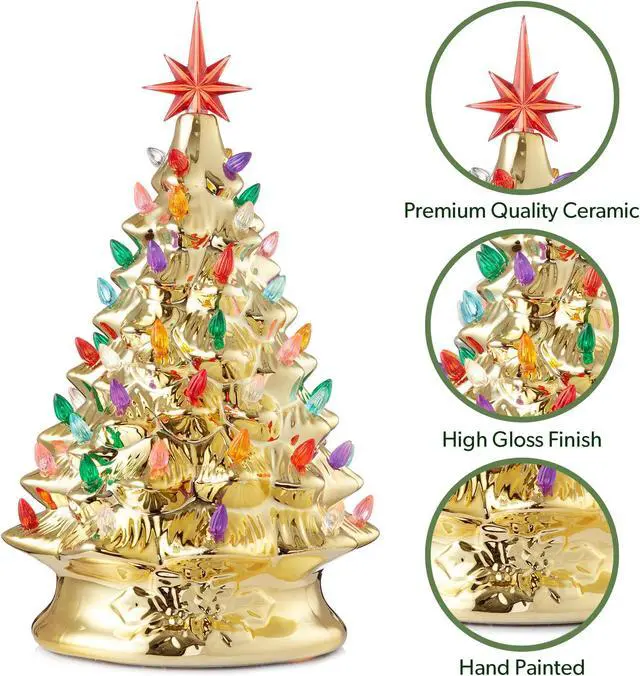 Alt view image 5 of 6 - Casafield Hand Painted Ceramic Christmas Tree, Gold 15-Inch Pre-Lit Tree with 128 Multi Color Lights and 2 Star Toppers