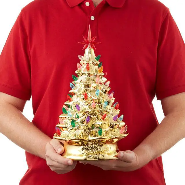 Alt view image 3 of 6 - Casafield Hand Painted Ceramic Christmas Tree, Gold 15-Inch Pre-Lit Tree with 128 Multi Color Lights and 2 Star Toppers