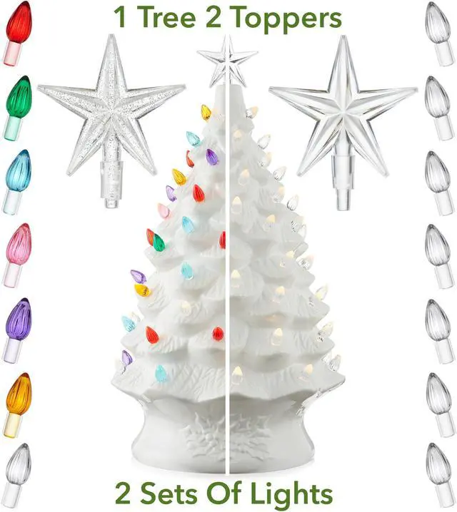 Alt view image 2 of 6 - Casafield Hand Painted Ceramic Christmas Tree, White 24-Inch Pre-Lit Tree with 148 Multi Color Lights and 2 Star Toppers