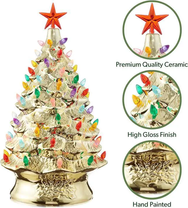 Alt view image 5 of 6 - Casafield Hand Painted Ceramic Christmas Tree, Gold 24-Inch Pre-Lit Tree with 148 Multi Color Lights and 2 Star Toppers