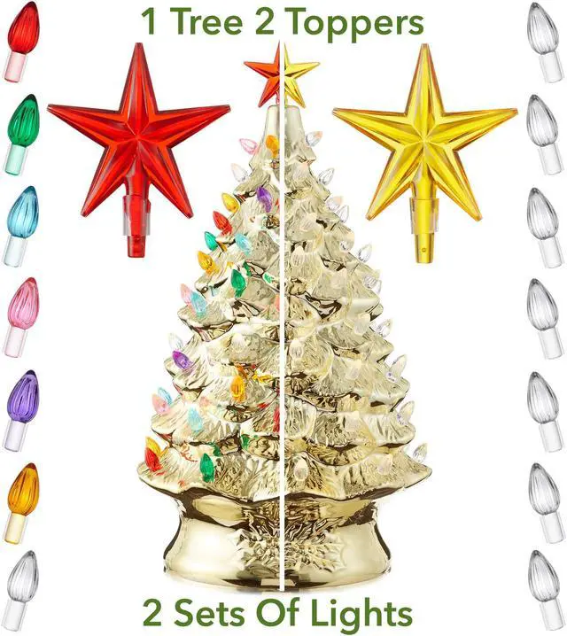 Alt view image 2 of 6 - Casafield Hand Painted Ceramic Christmas Tree, Gold 24-Inch Pre-Lit Tree with 148 Multi Color Lights and 2 Star Toppers