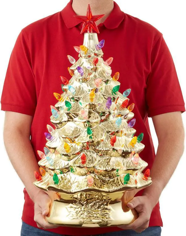 Alt view image 3 of 6 - Casafield Hand Painted Ceramic Christmas Tree, Gold 24-Inch Pre-Lit Tree with 148 Multi Color Lights and 2 Star Toppers