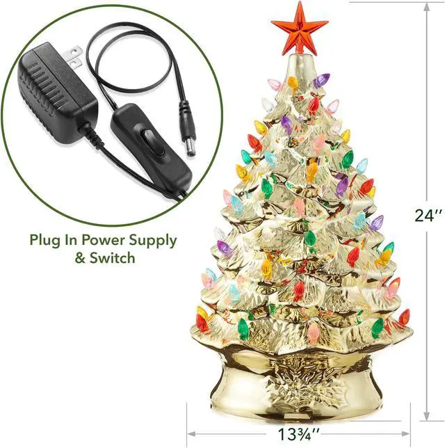 Alt view image 4 of 6 - Casafield Hand Painted Ceramic Christmas Tree, Gold 24-Inch Pre-Lit Tree with 148 Multi Color Lights and 2 Star Toppers