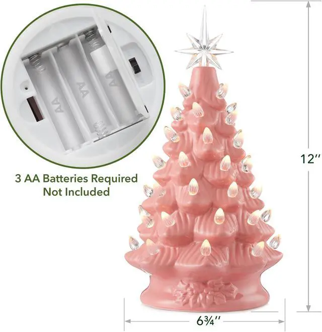 Alt view image 4 of 6 - Casafield Hand Painted Ceramic Christmas Tree, Pink 12-Inch Pre-Lit Tree with 100 Multi Color Lights and 2 Star Toppers