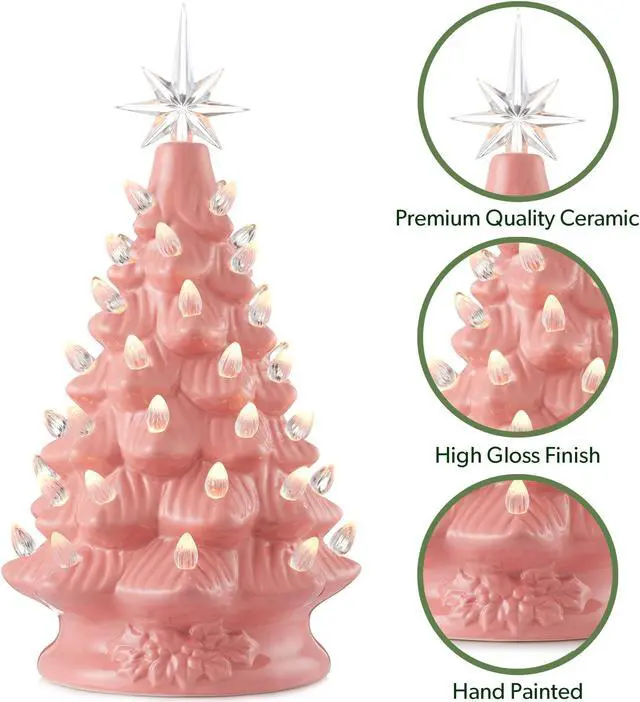 Alt view image 5 of 6 - Casafield Hand Painted Ceramic Christmas Tree, Pink 12-Inch Pre-Lit Tree with 100 Multi Color Lights and 2 Star Toppers