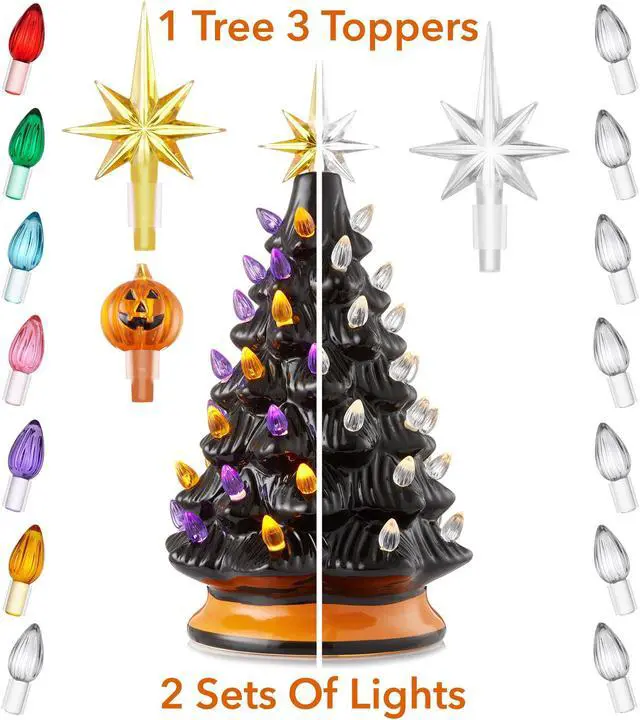 Alt view image 2 of 6 - Casafield Hand-Painted Ceramic Halloween Tree, Black 12-Inch Pre-Lit Decoration with 100 Multi-Color Lights, Jack-O-Lantern and Star Toppers